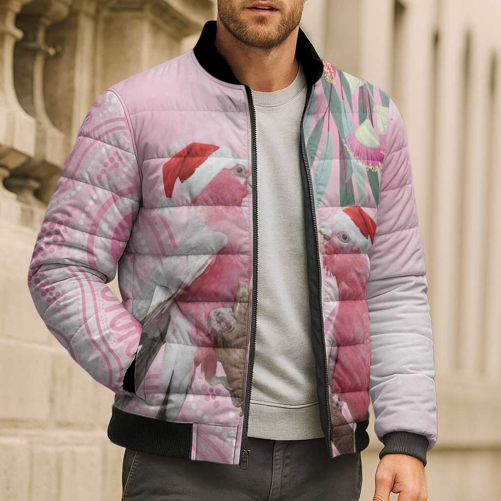 Australia Funny Pink Galah Christmas Bomber Puffer Jacket Aboriginal Eucalyptus Blossoms Watercolor - Aussie Hoodie