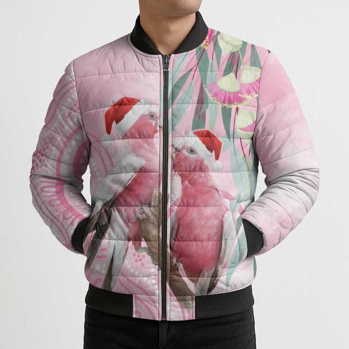 Australia Funny Pink Galah Christmas Bomber Puffer Jacket Aboriginal Eucalyptus Blossoms Watercolor - Aussie Hoodie