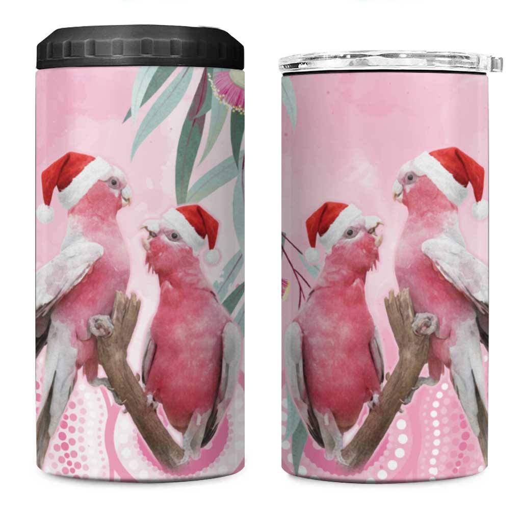 Australia Funny Pink Galah Christmas 4 in 1 Can Cooler Tumbler Aboriginal Eucalyptus Blossoms Watercolor - Aussie Hoodie