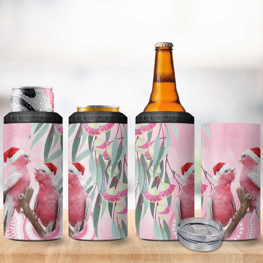 Australia Funny Pink Galah Christmas 4 in 1 Can Cooler Tumbler Aboriginal Eucalyptus Blossoms Watercolor - Aussie Hoodie