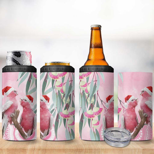Australia Funny Pink Galah Christmas 4 in 1 Can Cooler Tumbler Aboriginal Eucalyptus Blossoms Watercolor - Aussie Hoodie