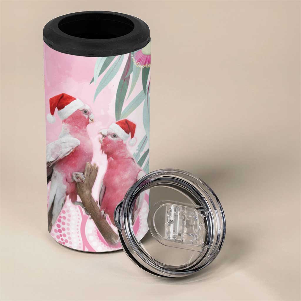 Australia Funny Pink Galah Christmas 4 in 1 Can Cooler Tumbler Aboriginal Eucalyptus Blossoms Watercolor - Aussie Hoodie