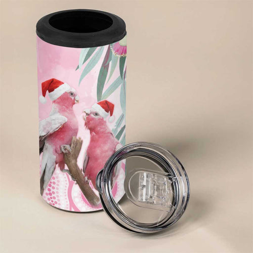 Australia Funny Pink Galah Christmas 4 in 1 Can Cooler Tumbler Aboriginal Eucalyptus Blossoms Watercolor - Aussie Hoodie
