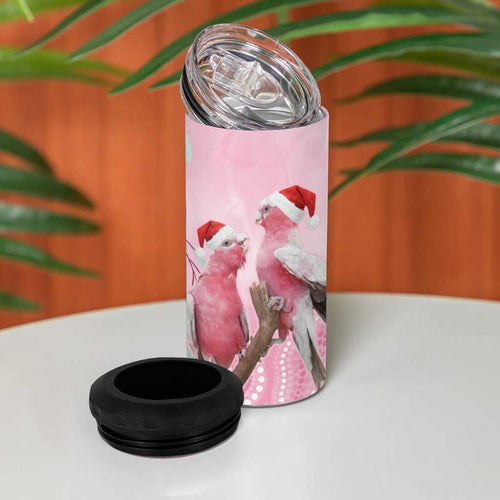 Australia Funny Pink Galah Christmas 4 in 1 Can Cooler Tumbler Aboriginal Eucalyptus Blossoms Watercolor - Aussie Hoodie