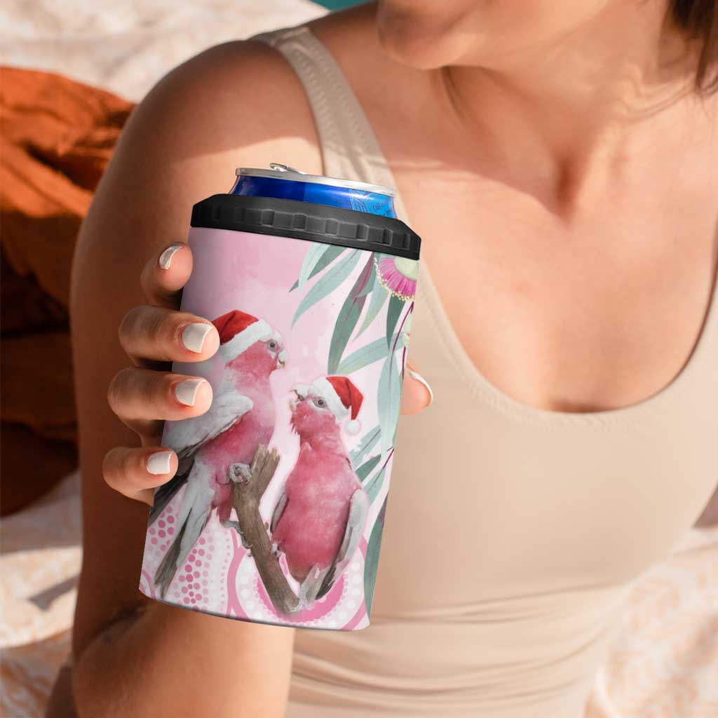 Australia Funny Pink Galah Christmas 4 in 1 Can Cooler Tumbler Aboriginal Eucalyptus Blossoms Watercolor - Aussie Hoodie