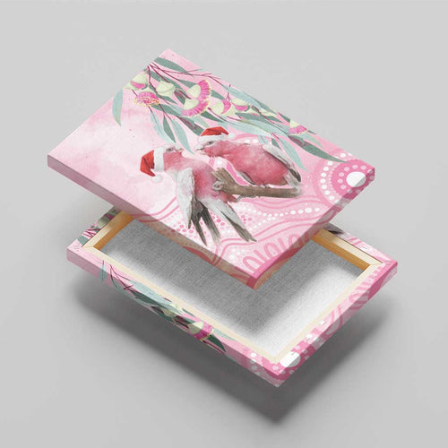 Australia Funny Pink Galah Christmas Canvas Wall Art Aboriginal Eucalyptus Blossoms Watercolor - Aussie Hoodie