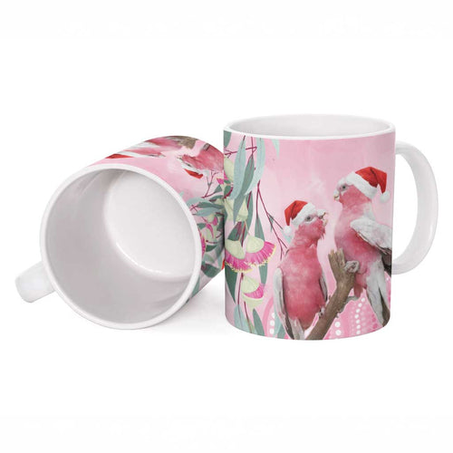 Australia Funny Pink Galah Christmas Ceramic Mug Aboriginal Eucalyptus Blossoms Watercolor - Aussie Hoodie