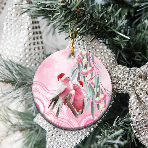 Australia Funny Pink Galah Christmas Ceramic Ornament Aboriginal Eucalyptus Blossoms Watercolor - Aussie Hoodie