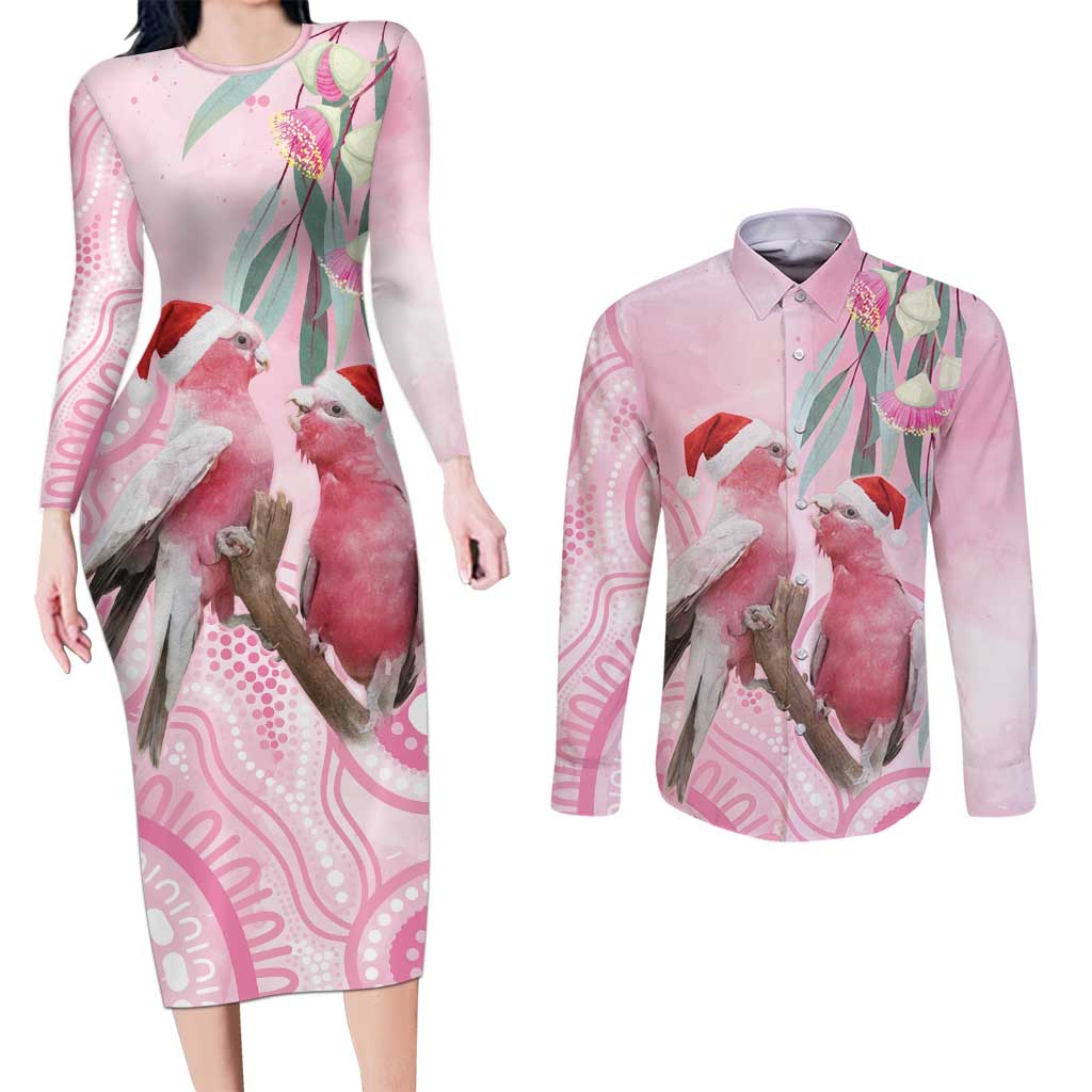 Australia Funny Pink Galah Christmas Couples Matching Long Sleeve Bodycon Dress and Long Sleeve Button Shirt Aboriginal Eucalyptus Blossoms Watercolor - Aussie Hoodie
