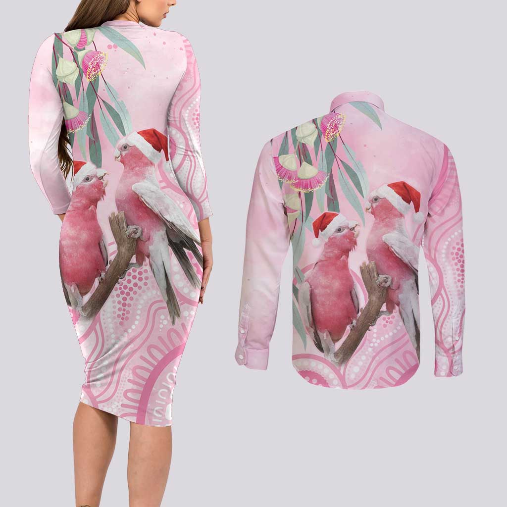 Australia Funny Pink Galah Christmas Couples Matching Long Sleeve Bodycon Dress and Long Sleeve Button Shirt Aboriginal Eucalyptus Blossoms Watercolor - Aussie Hoodie