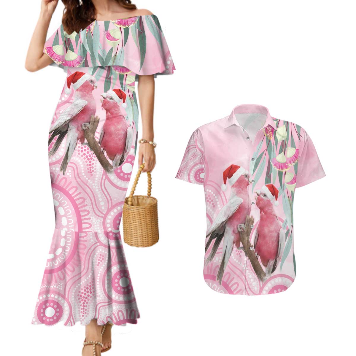 Australia Funny Pink Galah Christmas Couples Matching Mermaid Dress and Hawaiian Shirt Aboriginal Eucalyptus Blossoms Watercolor - Aussie Hoodie
