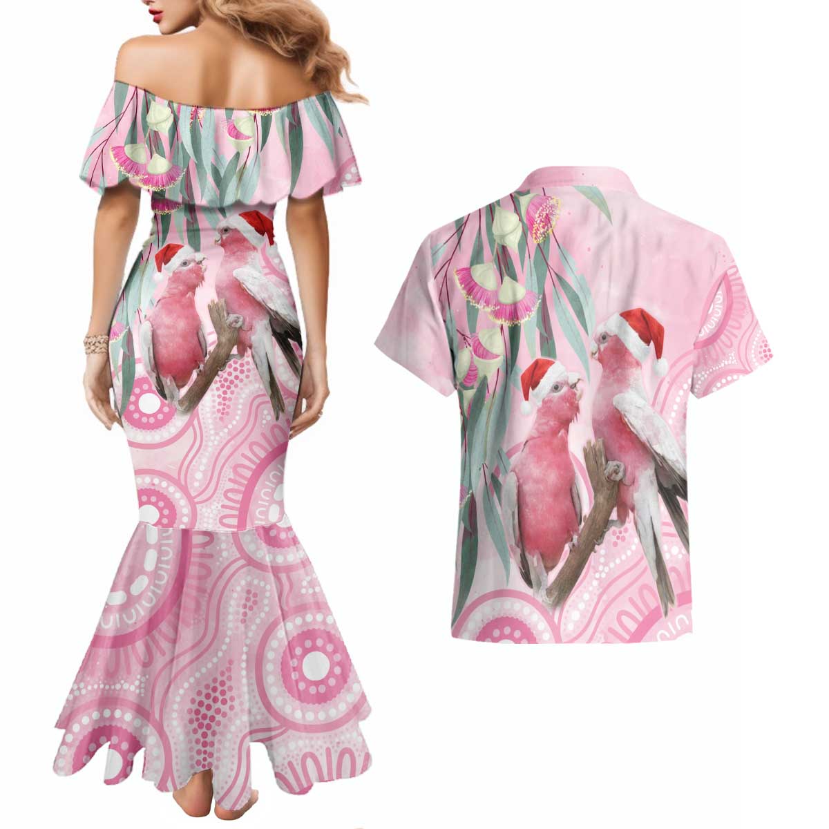 Australia Funny Pink Galah Christmas Couples Matching Mermaid Dress and Hawaiian Shirt Aboriginal Eucalyptus Blossoms Watercolor - Aussie Hoodie