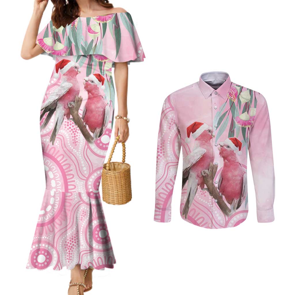 Australia Funny Pink Galah Christmas Couples Matching Mermaid Dress and Long Sleeve Button Shirt Aboriginal Eucalyptus Blossoms Watercolor - Aussie Hoodie
