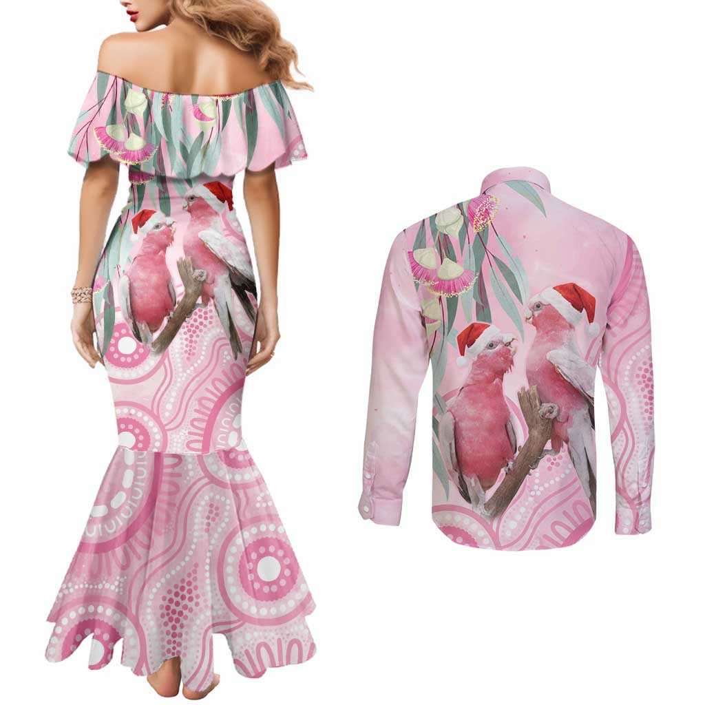 Australia Funny Pink Galah Christmas Couples Matching Mermaid Dress and Long Sleeve Button Shirt Aboriginal Eucalyptus Blossoms Watercolor - Aussie Hoodie
