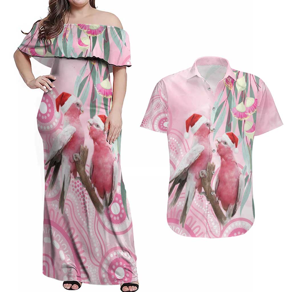 Australia Funny Pink Galah Christmas Couples Matching Off Shoulder Maxi Dress and Hawaiian Shirt Aboriginal Eucalyptus Blossoms Watercolor - Aussie Hoodie