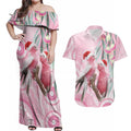 Australia Funny Pink Galah Christmas Couples Matching Off Shoulder Maxi Dress and Hawaiian Shirt Aboriginal Eucalyptus Blossoms Watercolor - Aussie Hoodie