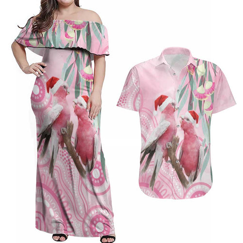 Australia Funny Pink Galah Christmas Couples Matching Off Shoulder Maxi Dress and Hawaiian Shirt Aboriginal Eucalyptus Blossoms Watercolor - Aussie Hoodie