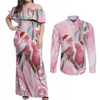 Australia Funny Pink Galah Christmas Couples Matching Off Shoulder Maxi Dress and Long Sleeve Button Shirt Aboriginal Eucalyptus Blossoms Watercolor - Aussie Hoodie