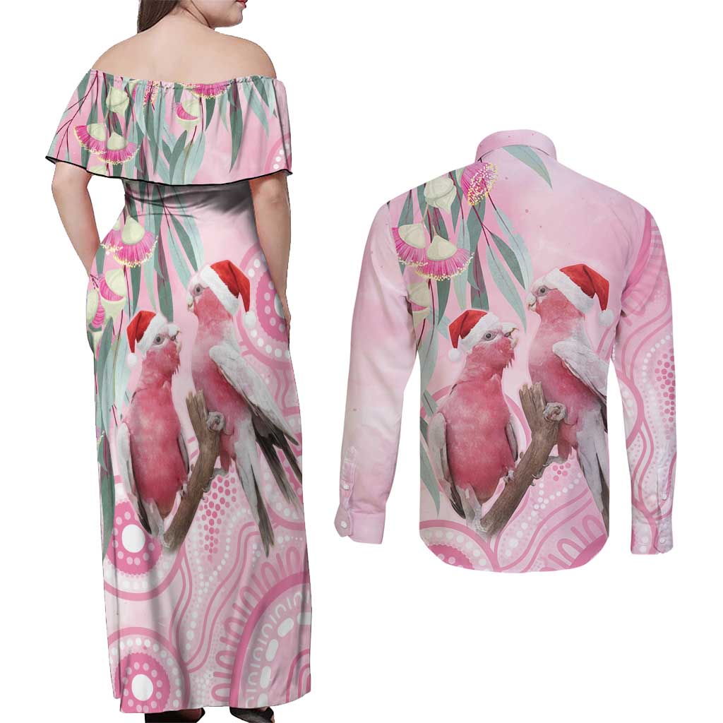Australia Funny Pink Galah Christmas Couples Matching Off Shoulder Maxi Dress and Long Sleeve Button Shirt Aboriginal Eucalyptus Blossoms Watercolor - Aussie Hoodie