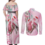 Australia Funny Pink Galah Christmas Couples Matching Off Shoulder Maxi Dress and Long Sleeve Button Shirt Aboriginal Eucalyptus Blossoms Watercolor - Aussie Hoodie