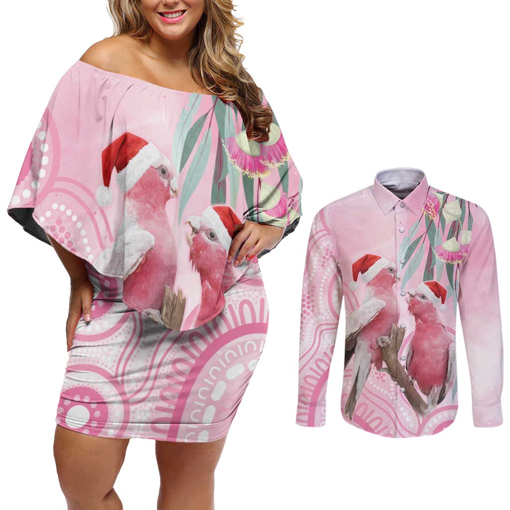 Australia Funny Pink Galah Christmas Couples Matching Off Shoulder Short Dress and Long Sleeve Button Shirt Aboriginal Eucalyptus Blossoms Watercolor - Aussie Hoodie