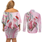 Australia Funny Pink Galah Christmas Couples Matching Off Shoulder Short Dress and Long Sleeve Button Shirt Aboriginal Eucalyptus Blossoms Watercolor - Aussie Hoodie
