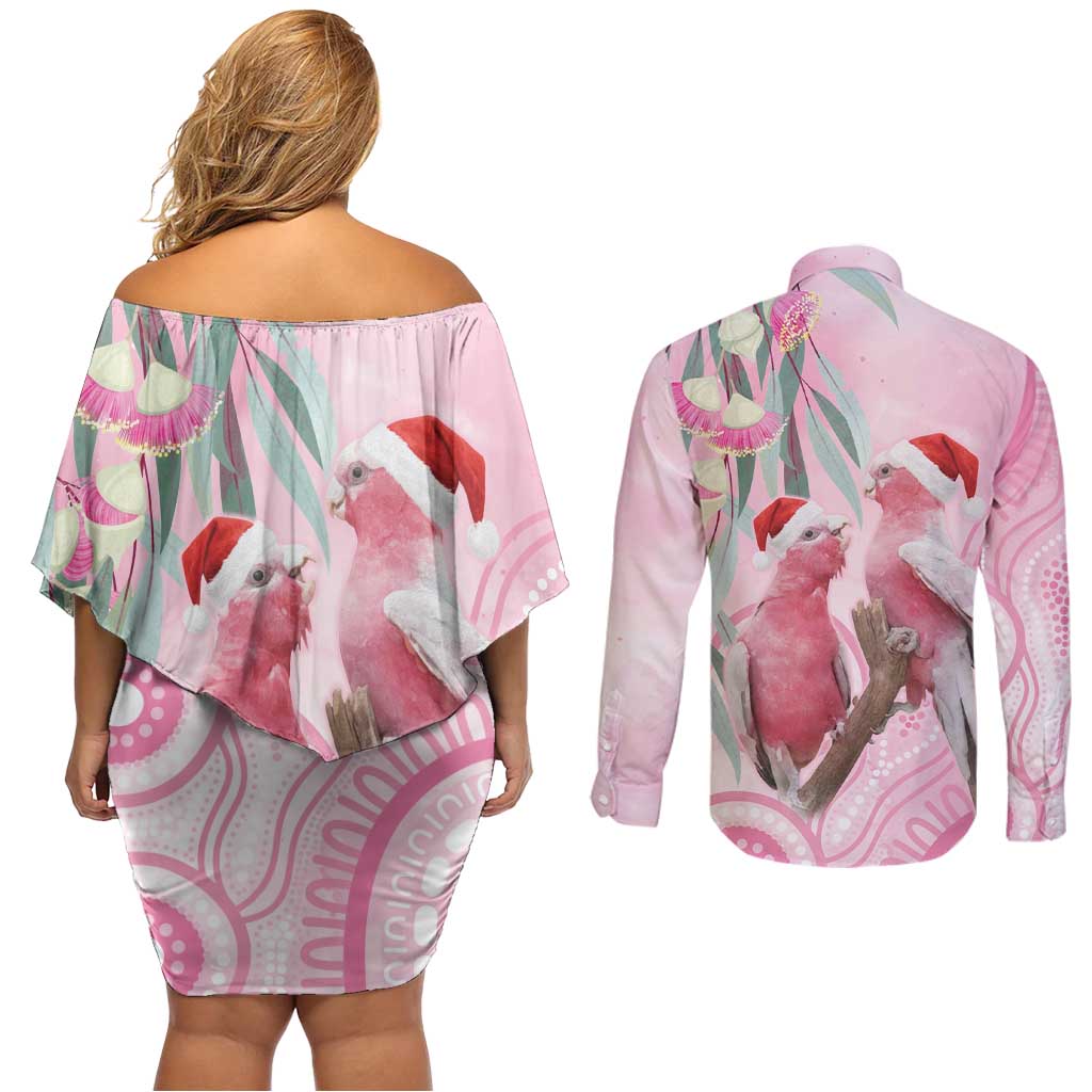 Australia Funny Pink Galah Christmas Couples Matching Off Shoulder Short Dress and Long Sleeve Button Shirt Aboriginal Eucalyptus Blossoms Watercolor - Aussie Hoodie