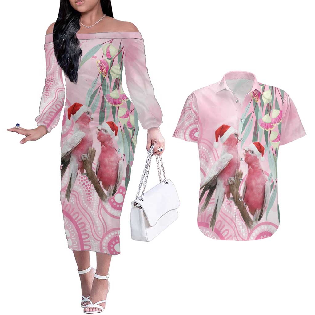 Australia Funny Pink Galah Christmas Couples Matching Off The Shoulder Long Sleeve Dress and Hawaiian Shirt Aboriginal Eucalyptus Blossoms Watercolor - Aussie Hoodie