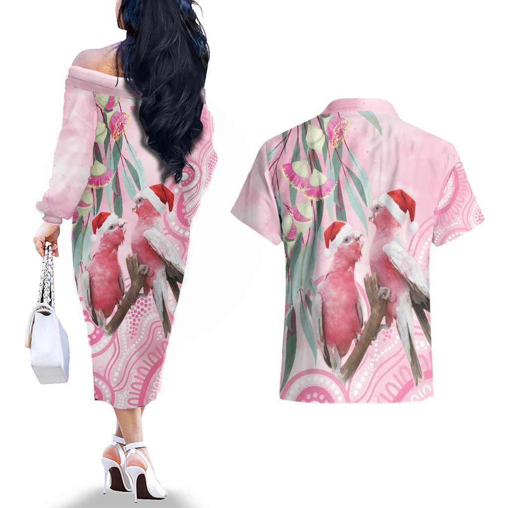 Australia Funny Pink Galah Christmas Couples Matching Off The Shoulder Long Sleeve Dress and Hawaiian Shirt Aboriginal Eucalyptus Blossoms Watercolor - Aussie Hoodie