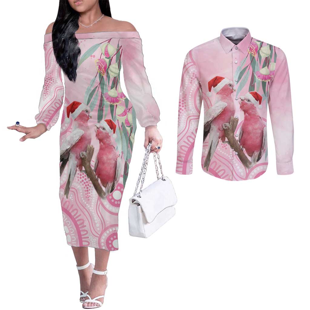 Australia Funny Pink Galah Christmas Couples Matching Off The Shoulder Long Sleeve Dress and Long Sleeve Button Shirt Aboriginal Eucalyptus Blossoms Watercolor - Aussie Hoodie