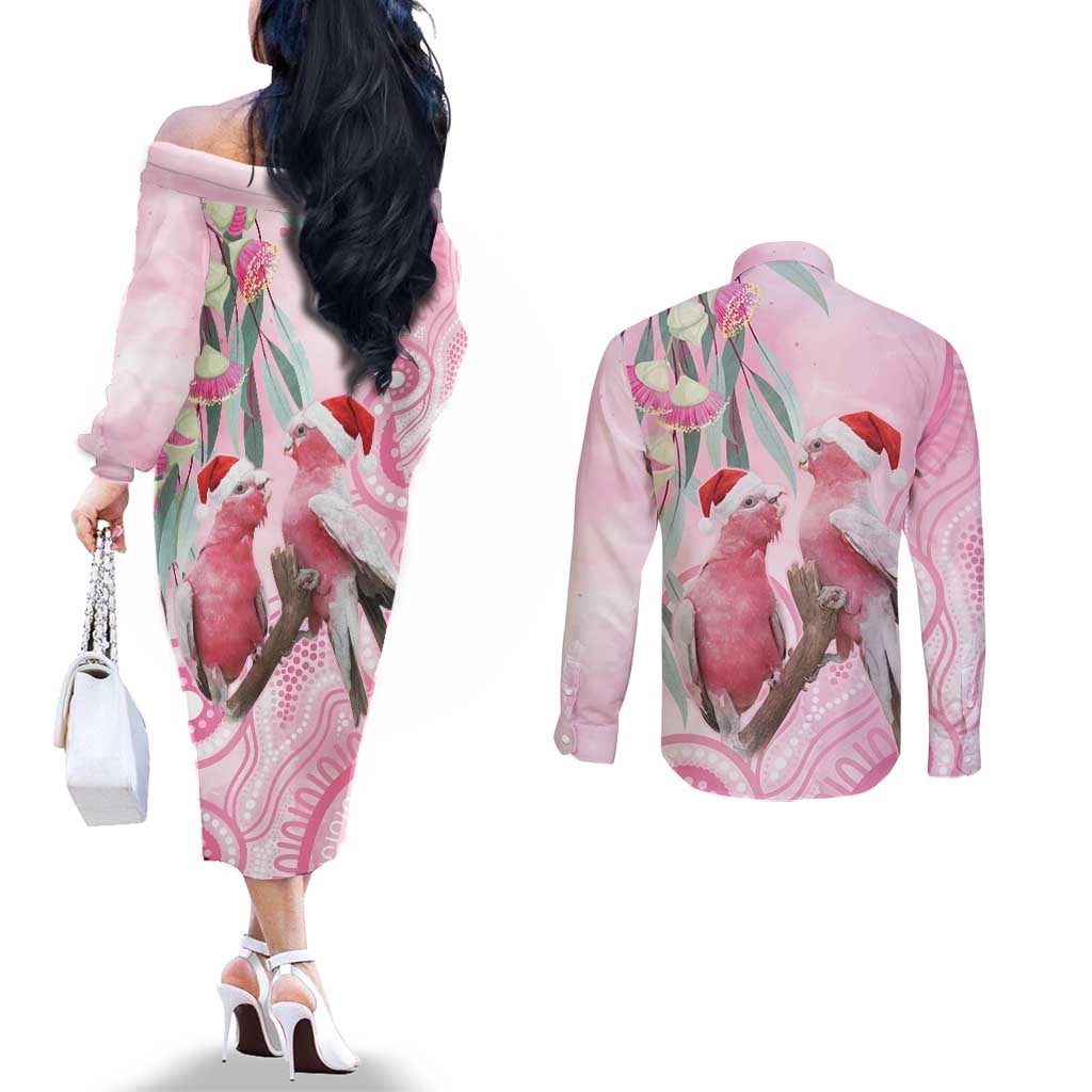 Australia Funny Pink Galah Christmas Couples Matching Off The Shoulder Long Sleeve Dress and Long Sleeve Button Shirt Aboriginal Eucalyptus Blossoms Watercolor - Aussie Hoodie