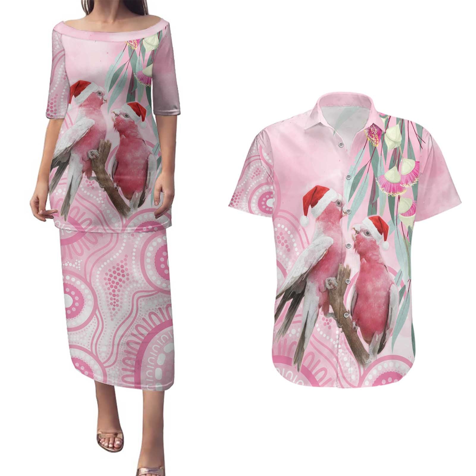 Australia Funny Pink Galah Christmas Couples Matching Puletasi and Hawaiian Shirt Aboriginal Eucalyptus Blossoms Watercolor - Aussie Hoodie
