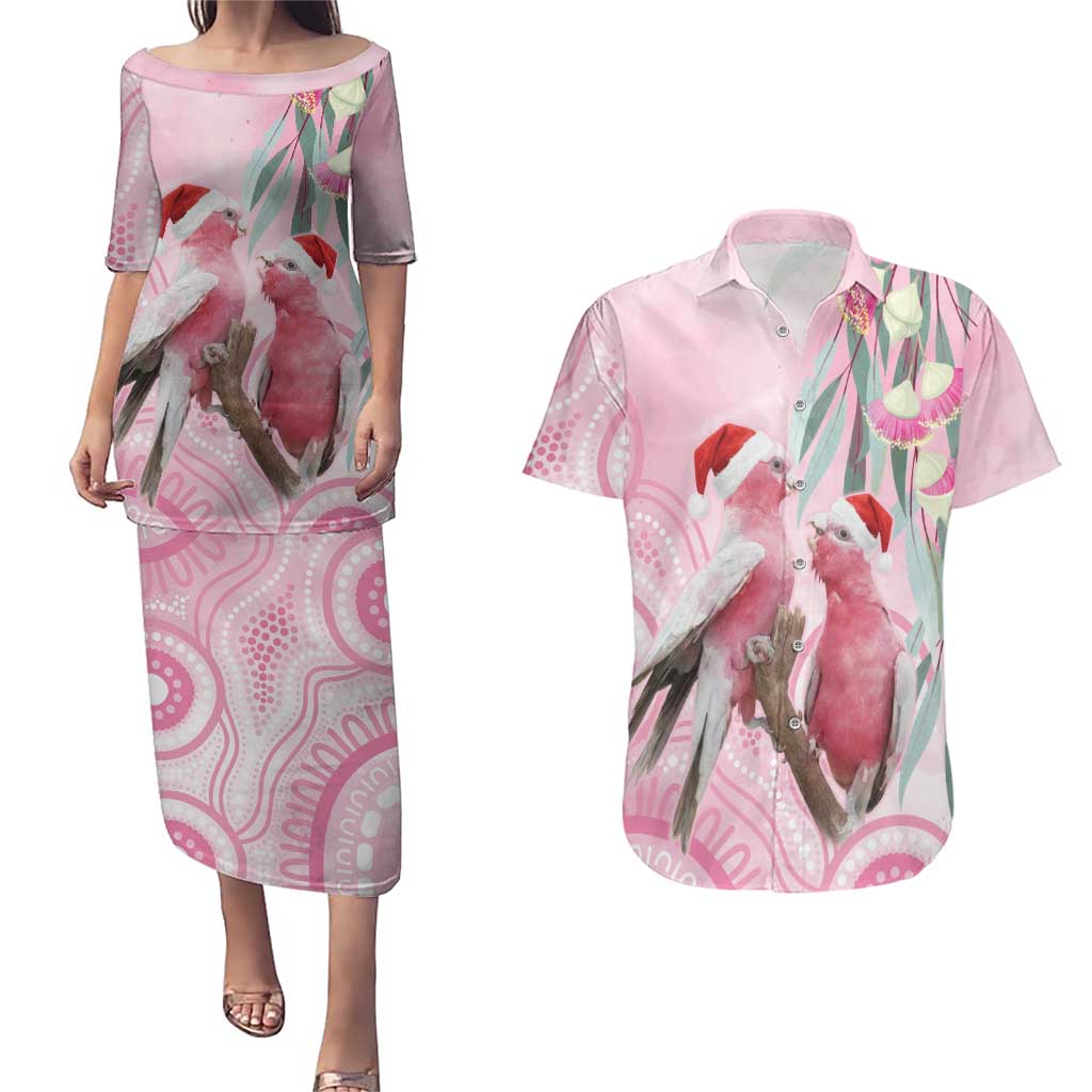Australia Funny Pink Galah Christmas Couples Matching Puletasi and Hawaiian Shirt Aboriginal Eucalyptus Blossoms Watercolor - Aussie Hoodie