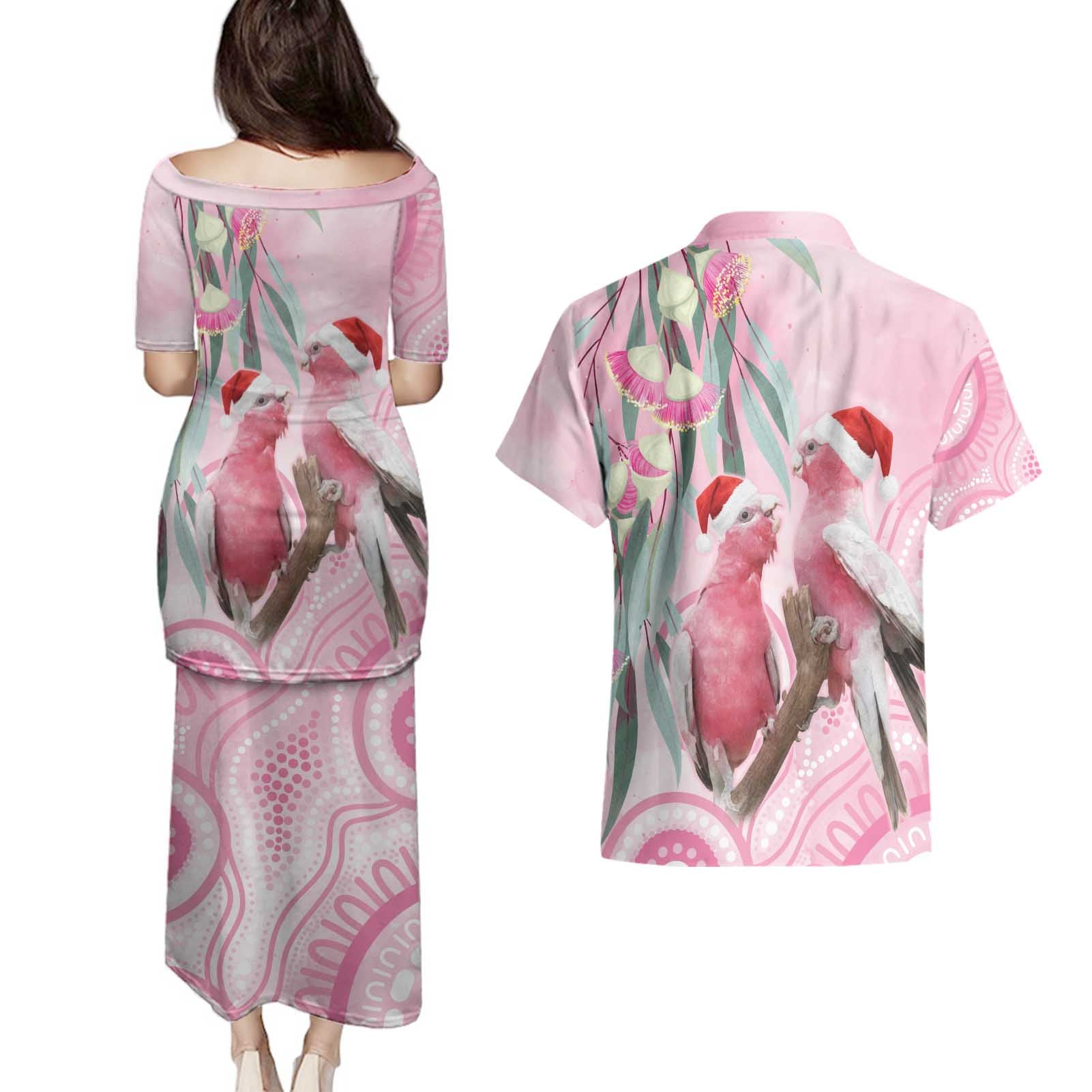 Australia Funny Pink Galah Christmas Couples Matching Puletasi and Hawaiian Shirt Aboriginal Eucalyptus Blossoms Watercolor - Aussie Hoodie