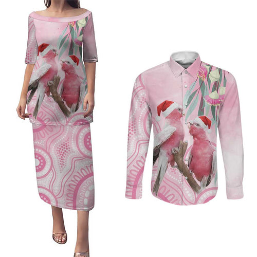 Australia Funny Pink Galah Christmas Couples Matching Puletasi and Long Sleeve Button Shirt Aboriginal Eucalyptus Blossoms Watercolor - Aussie Hoodie