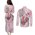 Australia Funny Pink Galah Christmas Couples Matching Puletasi and Long Sleeve Button Shirt Aboriginal Eucalyptus Blossoms Watercolor - Aussie Hoodie