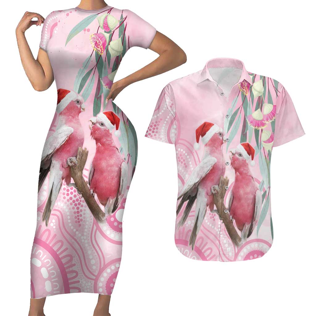 Australia Funny Pink Galah Christmas Couples Matching Short Sleeve Bodycon Dress and Hawaiian Shirt Aboriginal Eucalyptus Blossoms Watercolor - Aussie Hoodie