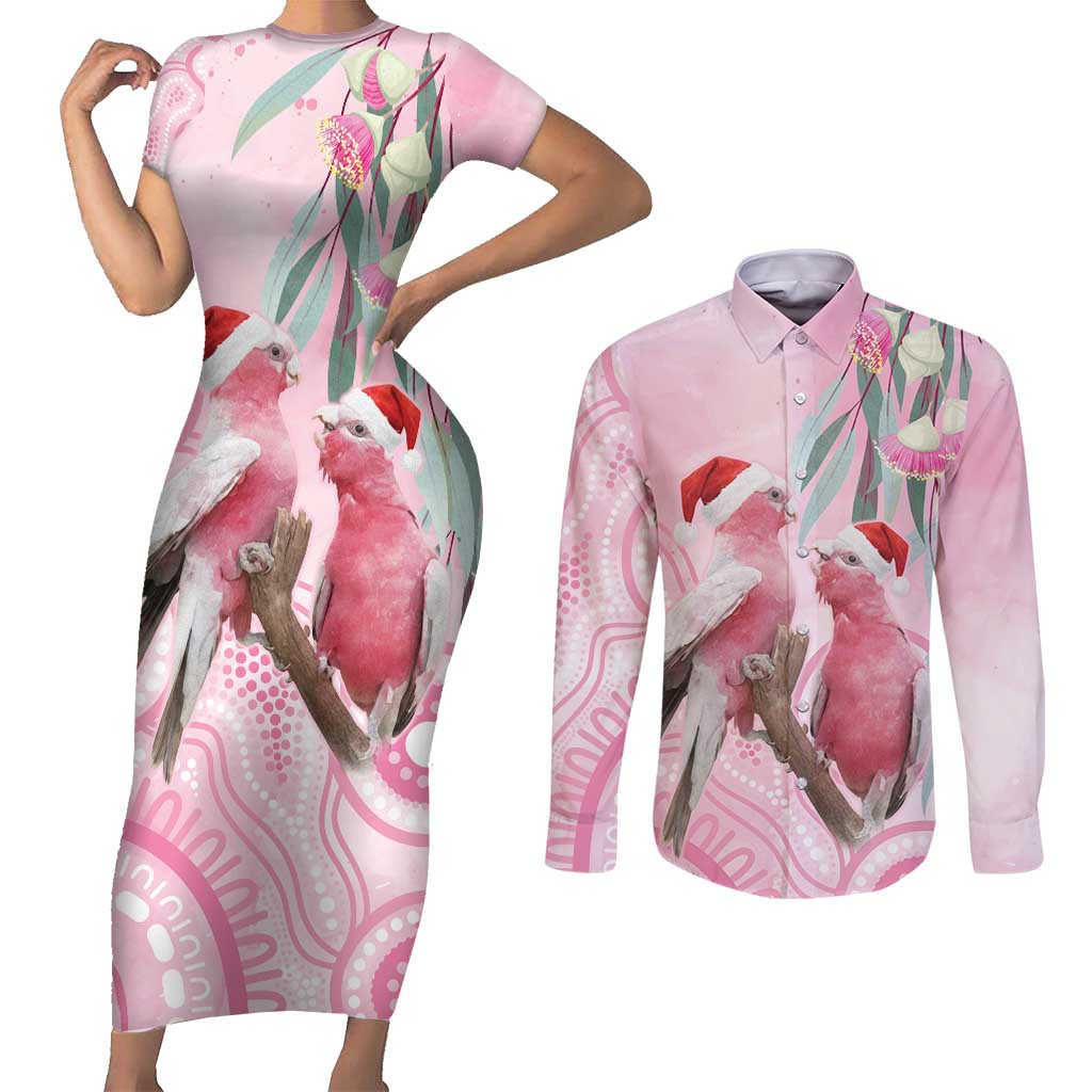 Australia Funny Pink Galah Christmas Couples Matching Short Sleeve Bodycon Dress and Long Sleeve Button Shirt Aboriginal Eucalyptus Blossoms Watercolor - Aussie Hoodie