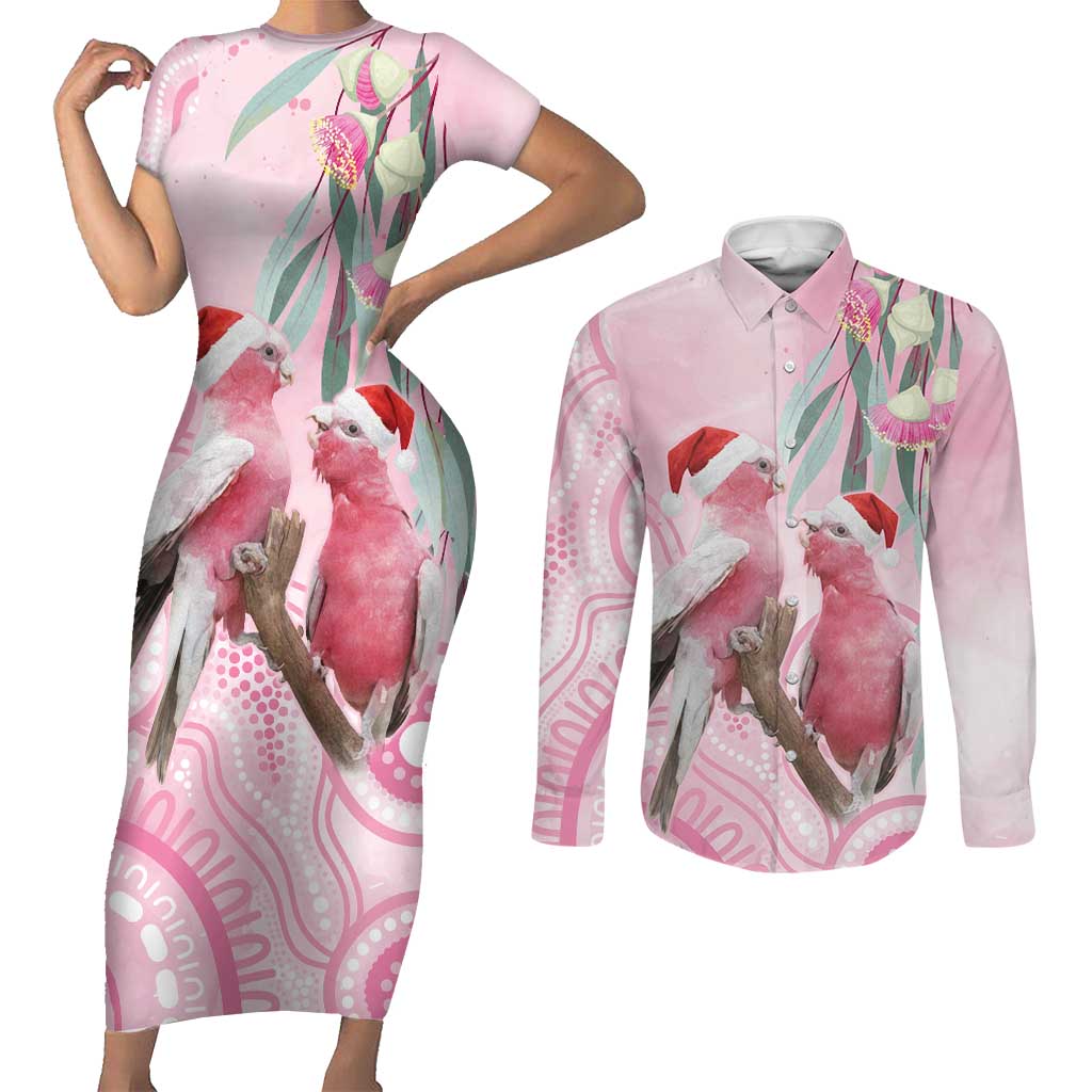 Australia Funny Pink Galah Christmas Couples Matching Short Sleeve Bodycon Dress and Long Sleeve Button Shirt Aboriginal Eucalyptus Blossoms Watercolor - Aussie Hoodie