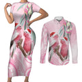 Australia Funny Pink Galah Christmas Couples Matching Short Sleeve Bodycon Dress and Long Sleeve Button Shirt Aboriginal Eucalyptus Blossoms Watercolor - Aussie Hoodie