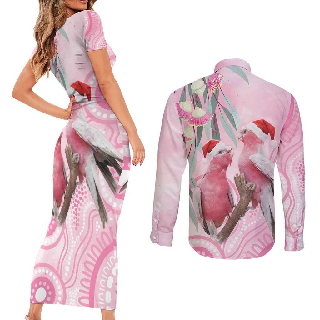Australia Funny Pink Galah Christmas Couples Matching Short Sleeve Bodycon Dress and Long Sleeve Button Shirt Aboriginal Eucalyptus Blossoms Watercolor - Aussie Hoodie