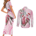 Australia Funny Pink Galah Christmas Couples Matching Short Sleeve Bodycon Dress and Long Sleeve Button Shirt Aboriginal Eucalyptus Blossoms Watercolor - Aussie Hoodie