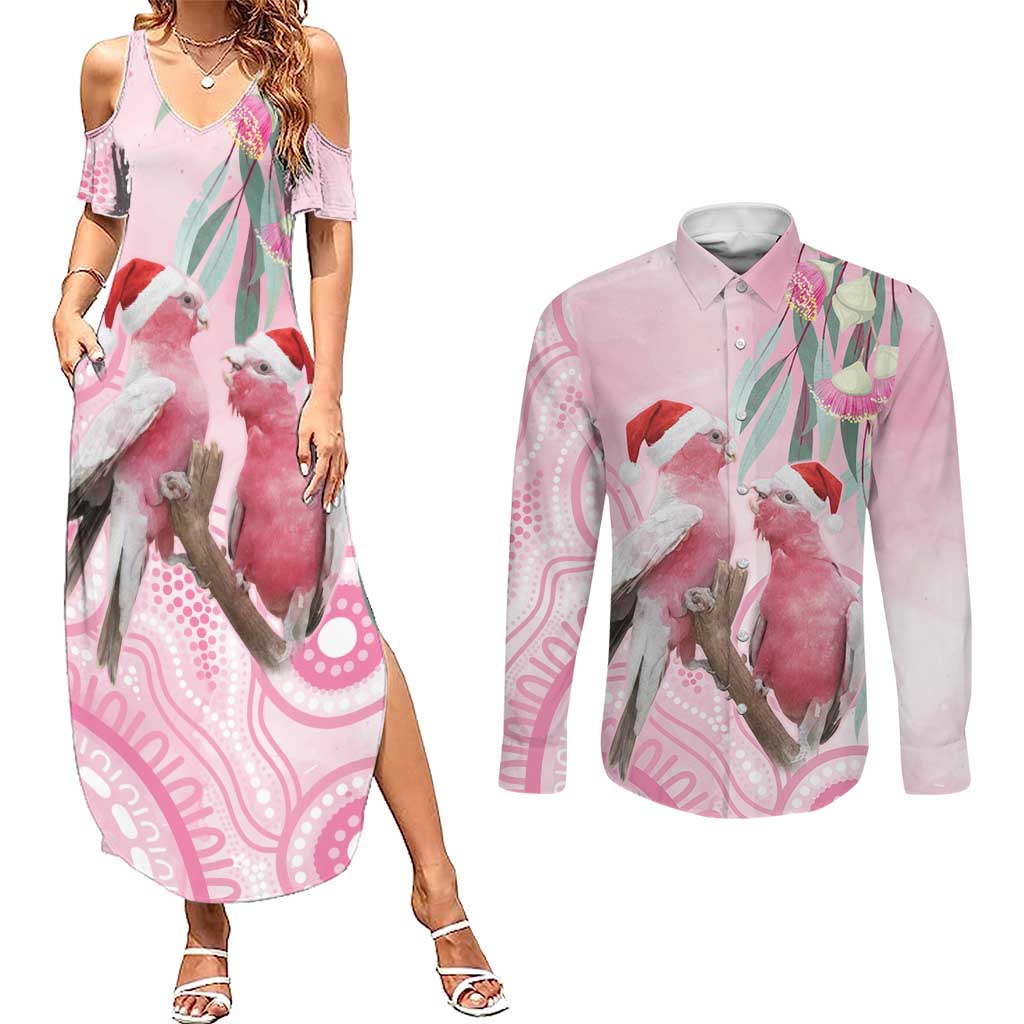Australia Funny Pink Galah Christmas Couples Matching Summer Maxi Dress and Long Sleeve Button Shirt Aboriginal Eucalyptus Blossoms Watercolor - Aussie Hoodie