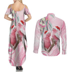 Australia Funny Pink Galah Christmas Couples Matching Summer Maxi Dress and Long Sleeve Button Shirt Aboriginal Eucalyptus Blossoms Watercolor - Aussie Hoodie
