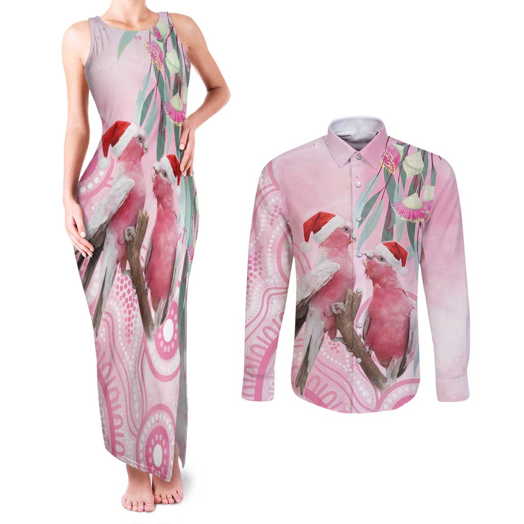 Australia Funny Pink Galah Christmas Couples Matching Tank Maxi Dress and Long Sleeve Button Shirt Aboriginal Eucalyptus Blossoms Watercolor - Aussie Hoodie