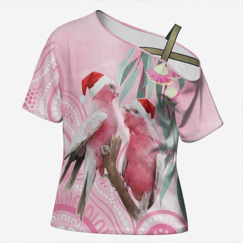Australia Funny Pink Galah Christmas Cross Shoulder Shirt Aboriginal Eucalyptus Blossoms Watercolor - Aussie Hoodie