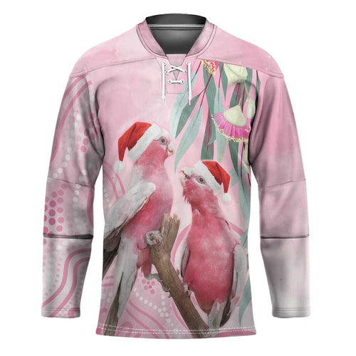 Australia Funny Pink Galah Christmas Hockey Jersey Aboriginal Eucalyptus Blossoms Watercolor - Aussie Hoodie