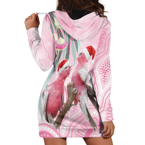 Australia Funny Pink Galah Christmas Hoodie Dress Aboriginal Eucalyptus Blossoms Watercolor - Aussie Hoodie