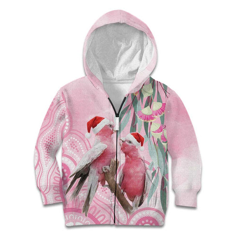 Australia Funny Pink Galah Christmas Kid Hoodie Aboriginal Eucalyptus Blossoms Watercolor - Aussie Hoodie