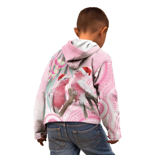 Australia Funny Pink Galah Christmas Kid Hoodie Aboriginal Eucalyptus Blossoms Watercolor - Aussie Hoodie